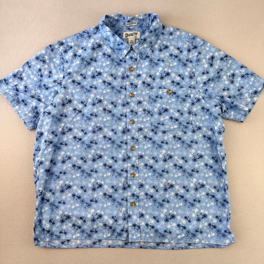 Duluth‎ Trading Co Untucked Shirt Mens 2XL Blue Bicycle Print Slim Fit Button Up